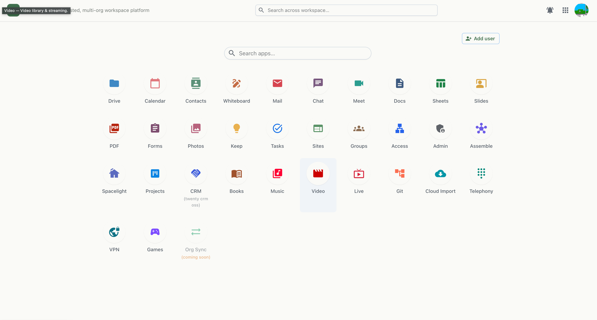 The Workspace app launcher showing all available apps