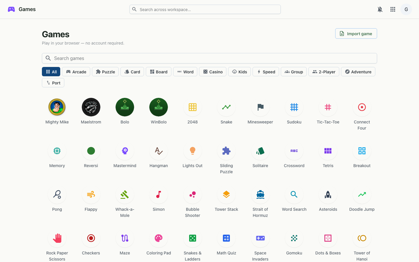 The Games hub on desktop