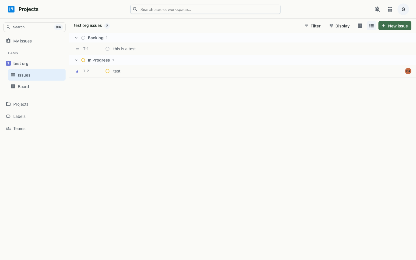 Projects board on desktop